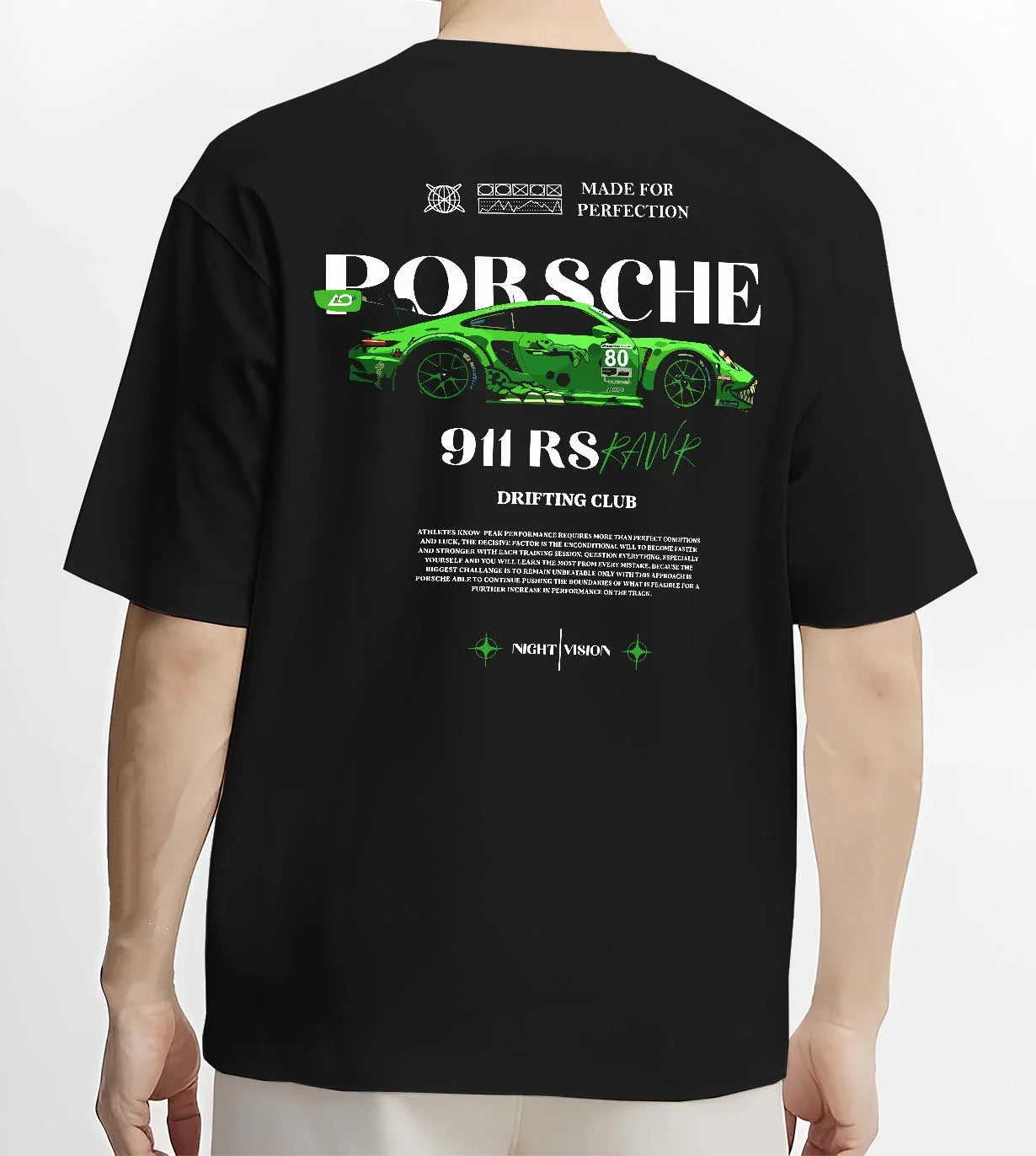Black T-shirt worn by a male model, back view, featuring Porsche 911 rs racing drift motorsport japanese street graphic.