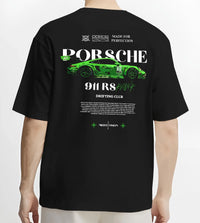 Black T-shirt worn by a male model, back view, featuring Porsche 911 rs racing drift motorsport japanese street graphic.