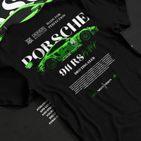 Black T-shirt laid flat with natural fabric folds, featuring Porsche 911 rs racing drift motorsport japanese street graphic.