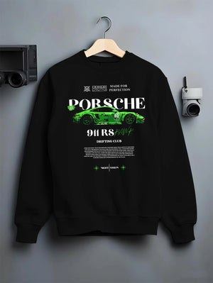 Black crewneck sweatshirt on a hanger against a grey wall, featuring Porsche 911 rs racing drift motorsport japanese street graphic.