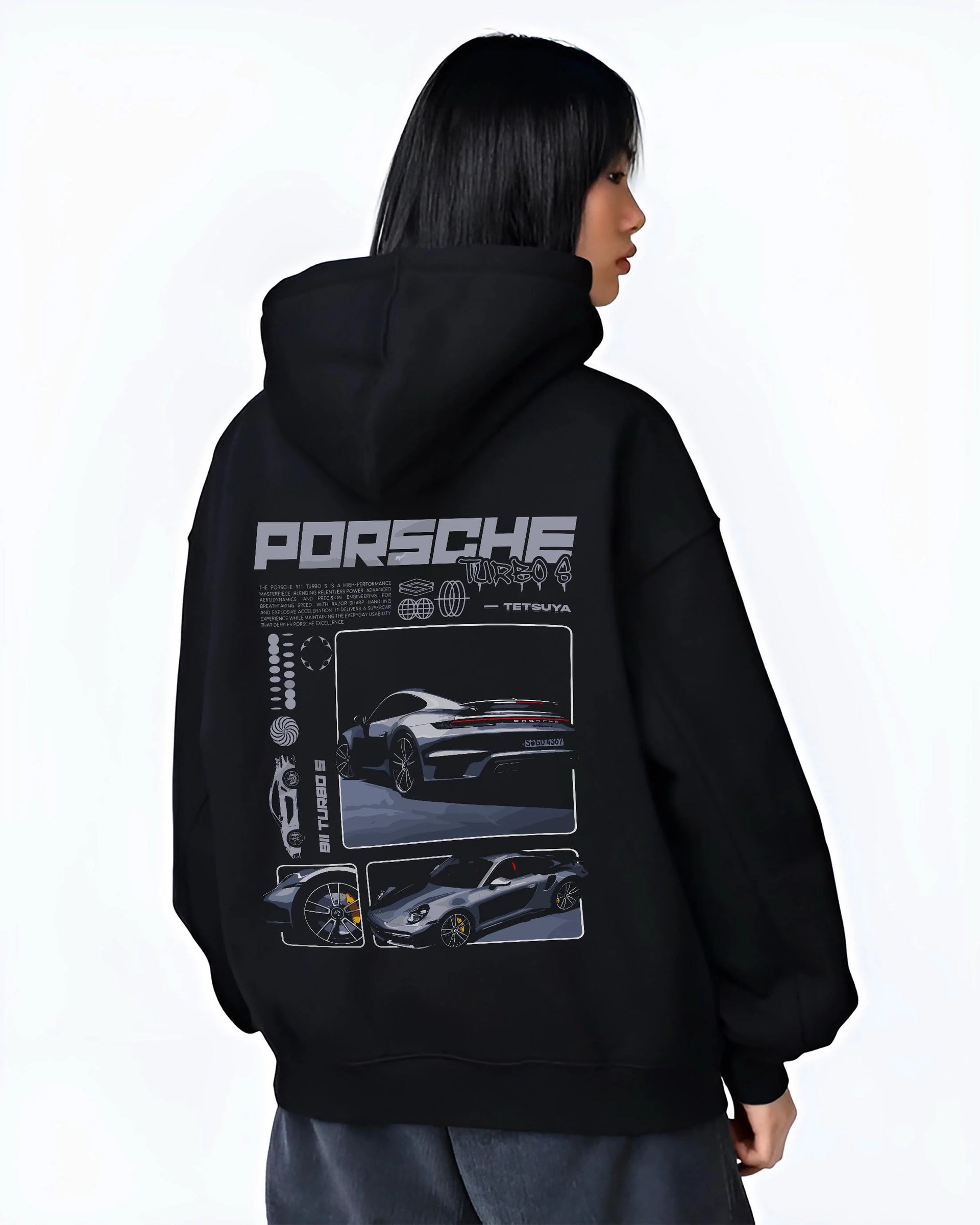 Black hoodie worn by a female model, back view, featuring Porsche 911 Turbo S rs 911 turbo racing motorsport street graphic.