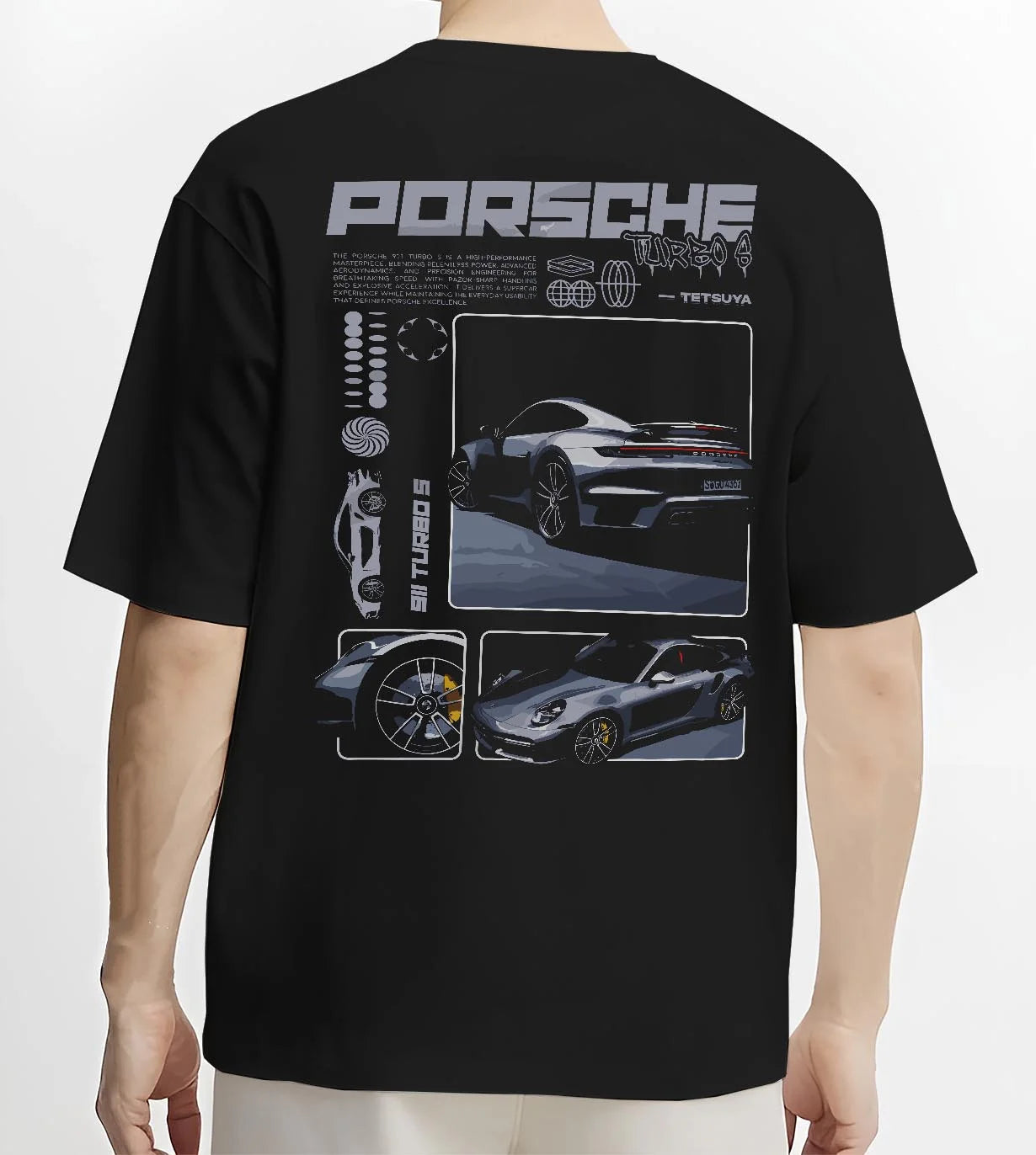 Black T-shirt worn by a male model, back view, featuring Porsche 911 Turbo S rs 911 turbo racing motorsport street graphic.