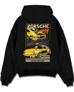 Black pullover hoodie laid flat on a white background, featuring Porsche 911 rs racing motorsport street retro vintage graphic.