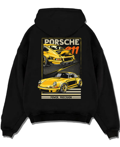 Black pullover hoodie laid flat on a white background, featuring Porsche 911 rs racing motorsport street retro vintage graphic.