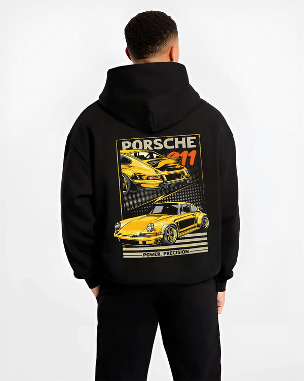 Black hoodie worn by a male model, back view, featuring Porsche 911 rs racing motorsport street retro vintage classic graphic.
