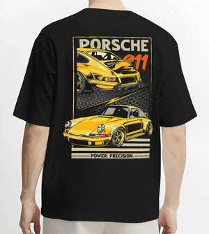 Black T-shirt worn by a male model, back view, featuring Porsche 911 rs racing motorsport street retro vintage classic graphic.