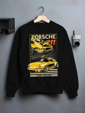 Black crewneck sweatshirt on a hanger against a grey wall, featuring Porsche 911 rs racing motorsport street retro vintage graphic.