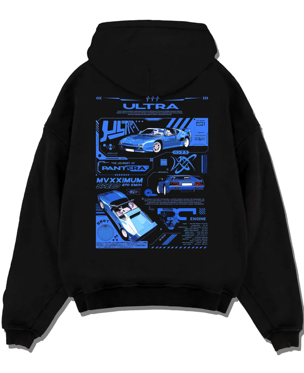 Black pullover hoodie laid flat on a white background, featuring racing italian street retro classic performance motorsport graphic.