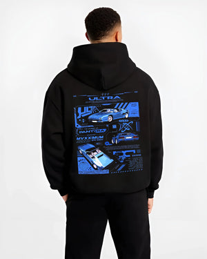 Black hoodie worn by a male model, back view, featuring racing italian street retro classic performance motorsport graphic.