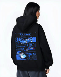 Black hoodie worn by a female model, back view, featuring racing italian street retro classic performance motorsport graphic.