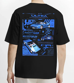 Black T-shirt worn by a male model, back view, featuring racing italian street retro classic performance motorsport graphic.