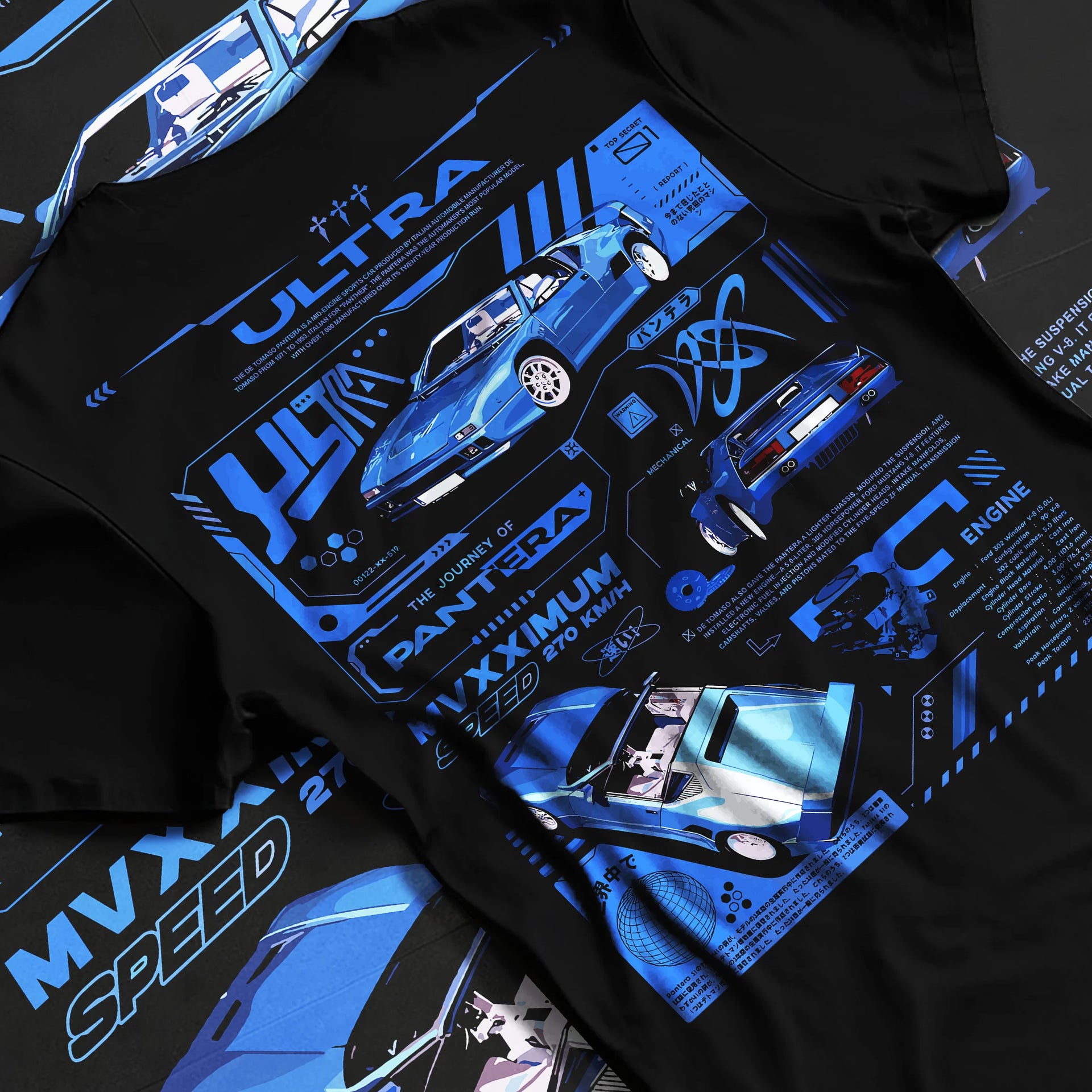 Black T-shirt laid flat with natural fabric folds, featuring racing italian street retro classic performance motorsport graphic.