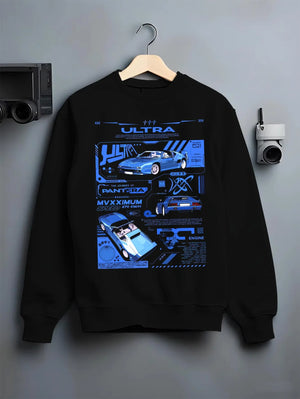 Black crewneck sweatshirt on a hanger against a grey wall, featuring racing italian street retro classic performance graphic.