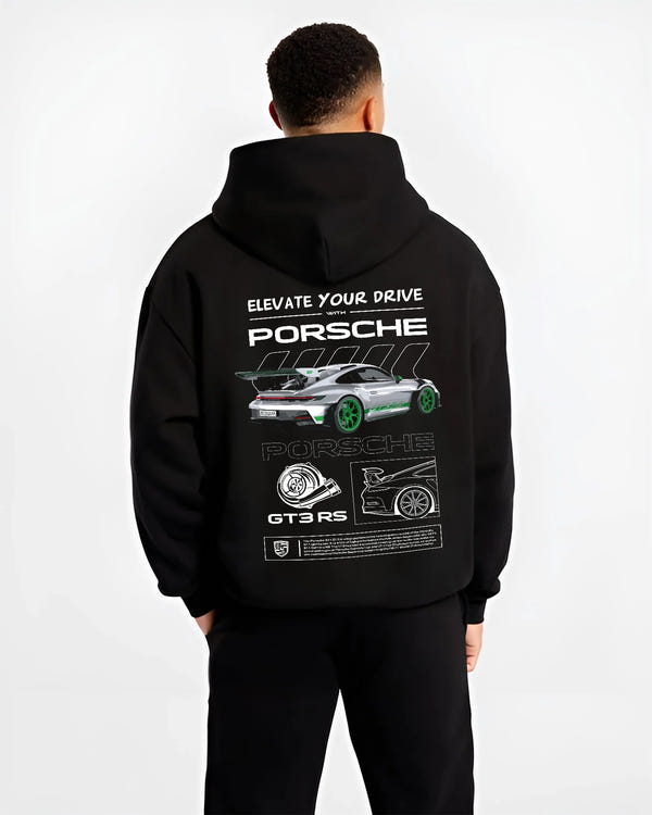 Black hoodie worn by a male model, back view, featuring Porsche Boxster rs racing german tuner street classic graphic.