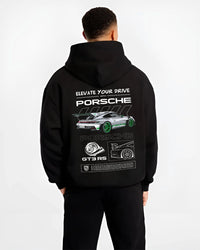 Black hoodie worn by a male model, back view, featuring Porsche Boxster rs racing german tuner street classic graphic.