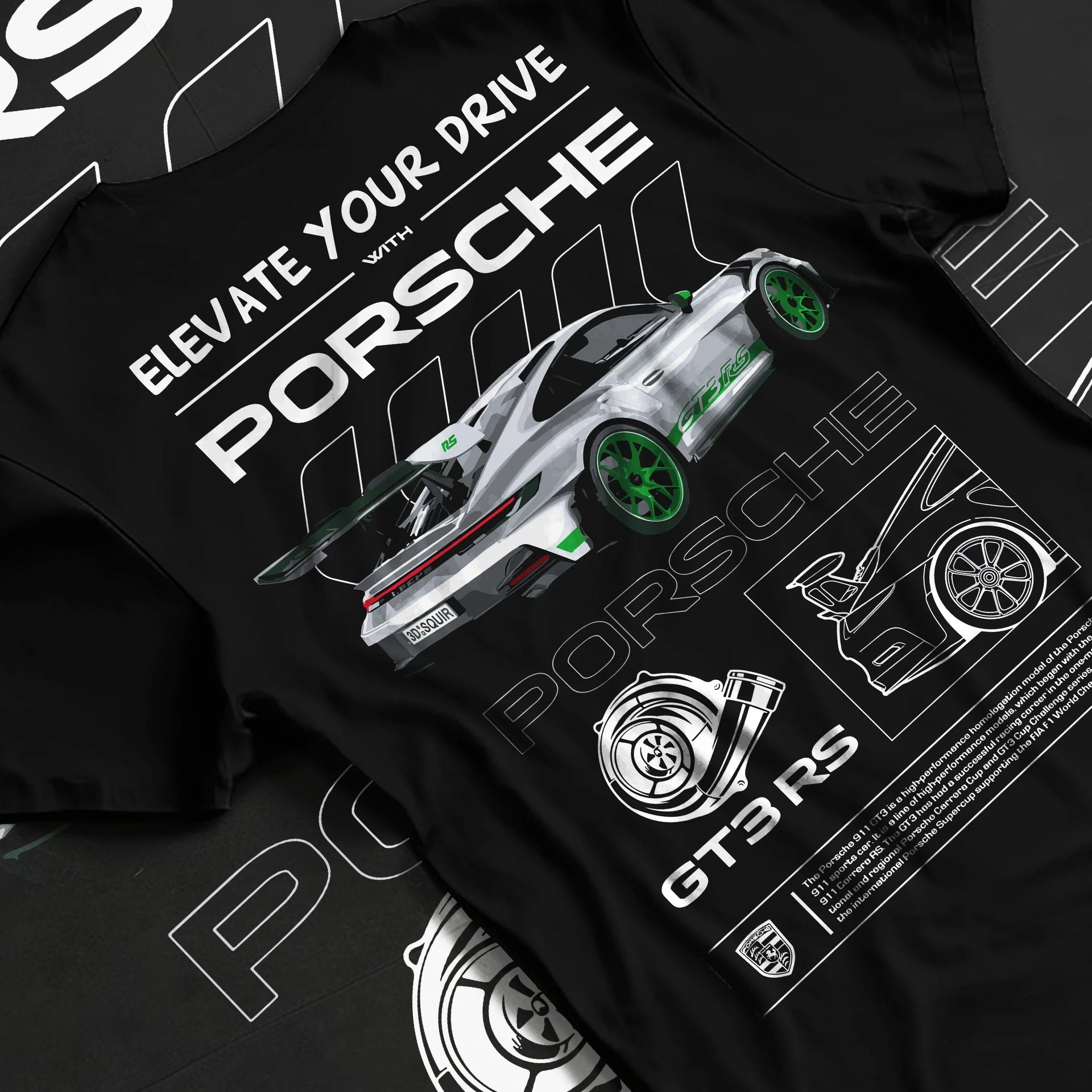 Black T-shirt laid flat with natural fabric folds, featuring Porsche Boxster rs racing german tuner street classic graphic.