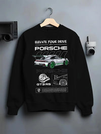 Black crewneck sweatshirt on a hanger against a grey wall, featuring Porsche Boxster rs racing german tuner street classic graphic.