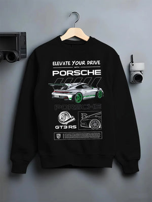 Black crewneck sweatshirt on a hanger against a grey wall, featuring Porsche Boxster rs racing german tuner street classic graphic.