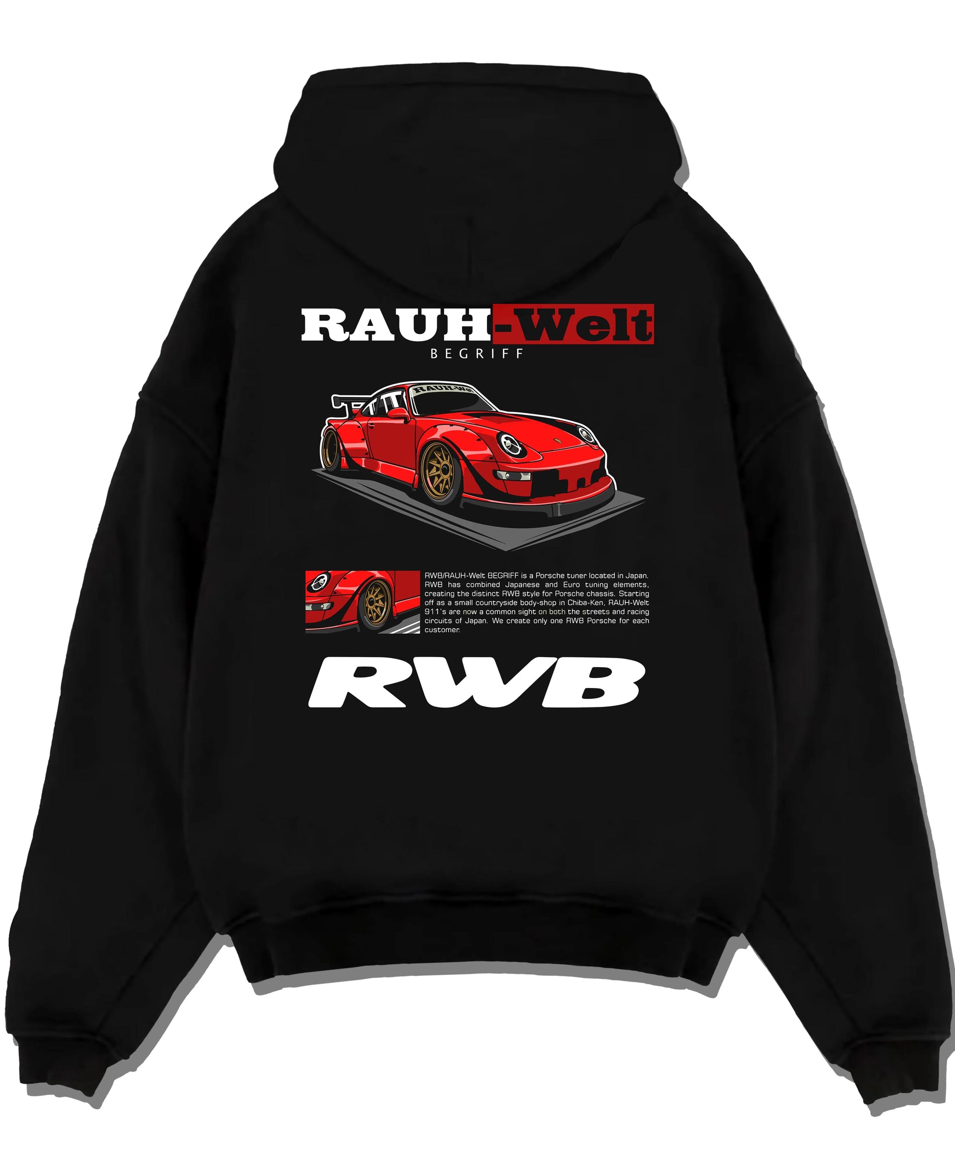 Black pullover hoodie laid flat on a white background, featuring Porsche 911 rs turbo turbocharged racing german tuner graphic.