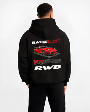 Black hoodie worn by a male model, back view, featuring Porsche 911 rs turbo turbocharged racing german tuner street graphic.