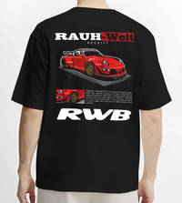 Black T-shirt worn by a male model, back view, featuring Porsche 911 rs turbo turbocharged racing german tuner street graphic.