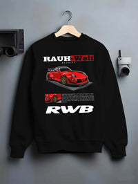 Black crewneck sweatshirt on a hanger against a grey wall, featuring Porsche 911 rs turbo turbocharged racing german tuner graphic.