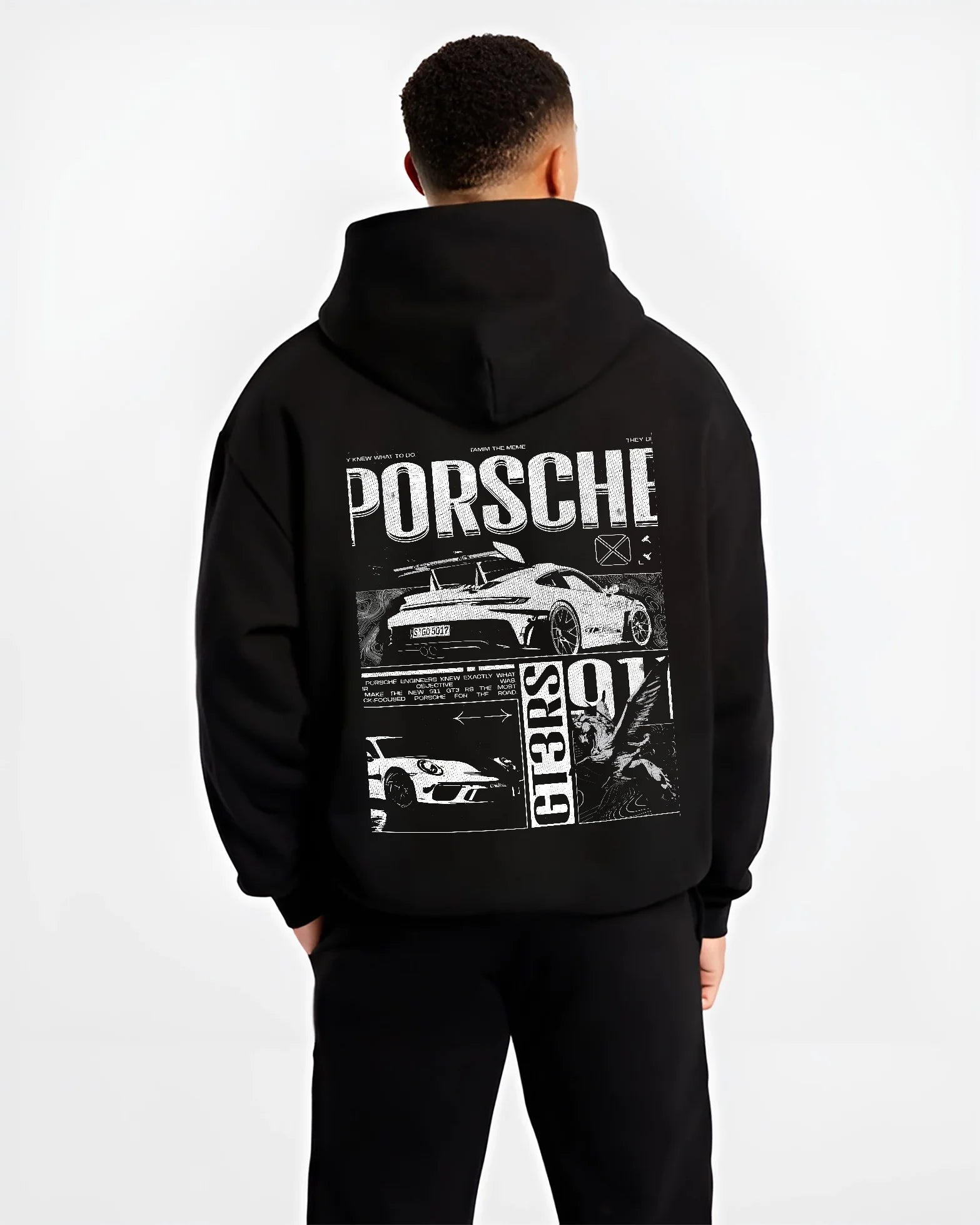 Black hoodie worn by a male model, back view, featuring Porsche Cayman rs turbo turbocharged racing german tuner street graphic.