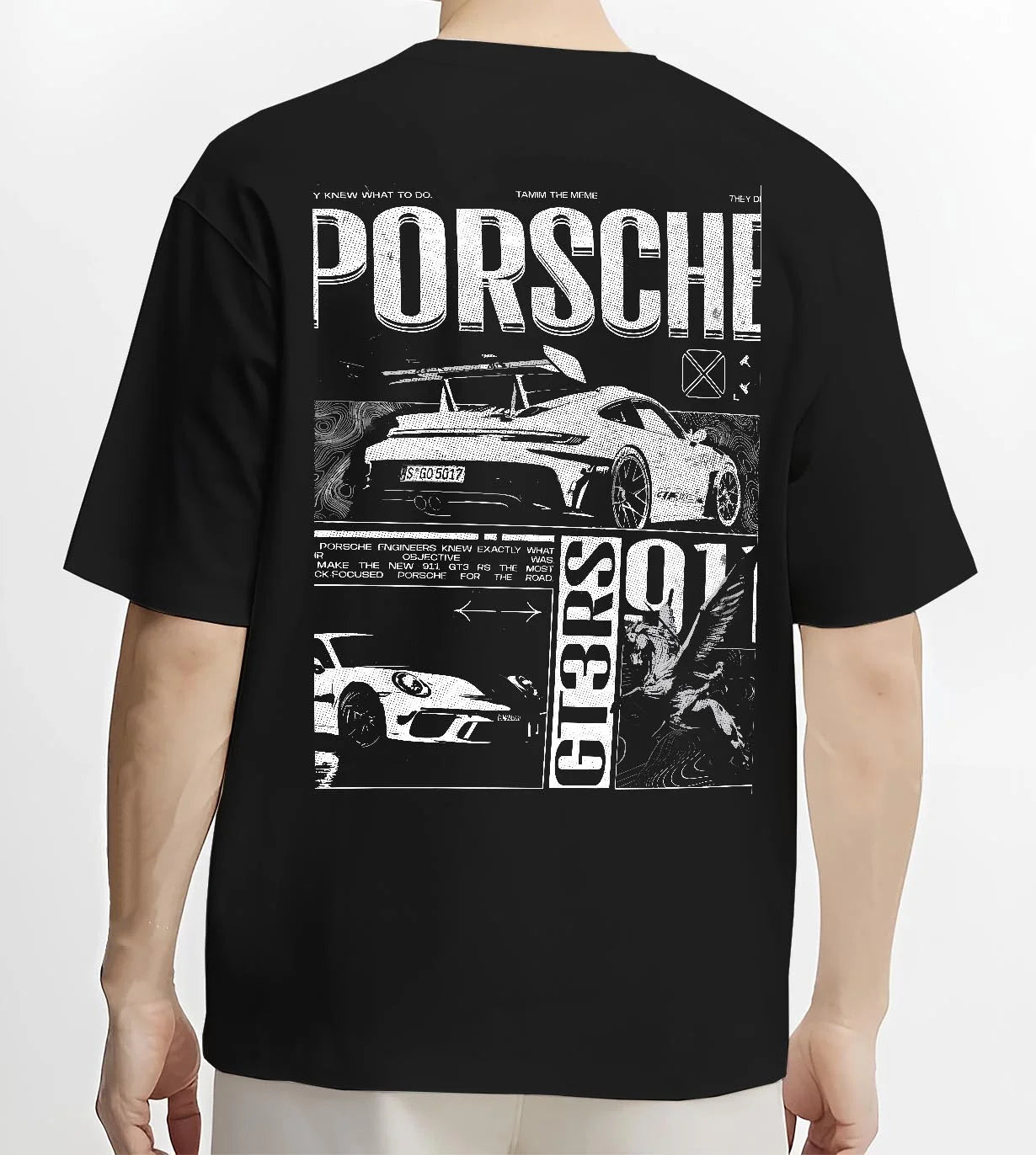 Black T-shirt worn by a male model, back view, featuring Porsche Cayman rs turbo turbocharged racing german tuner street graphic.