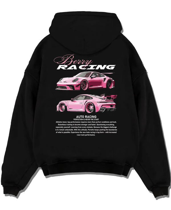 Black pullover hoodie laid flat on a white background, featuring Porsche gt3 rs turbo turbocharged racing german tuner graphic.