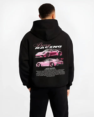 Black hoodie worn by a male model, back view, featuring Porsche gt3 rs turbo turbocharged racing german tuner street graphic.