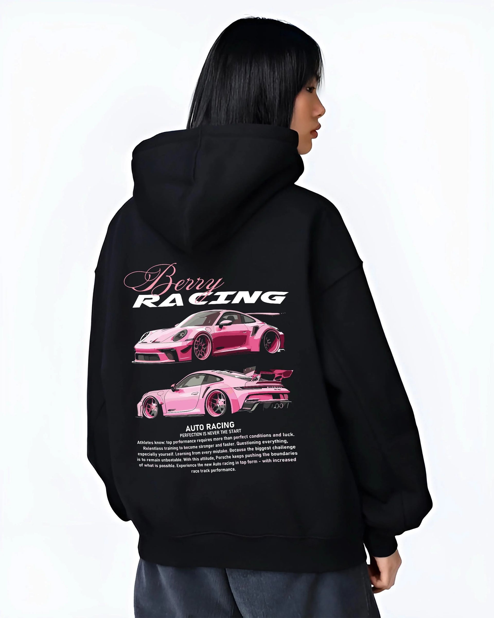 Black hoodie worn by a female model, back view, featuring Porsche gt3 rs turbo turbocharged racing german tuner street graphic.