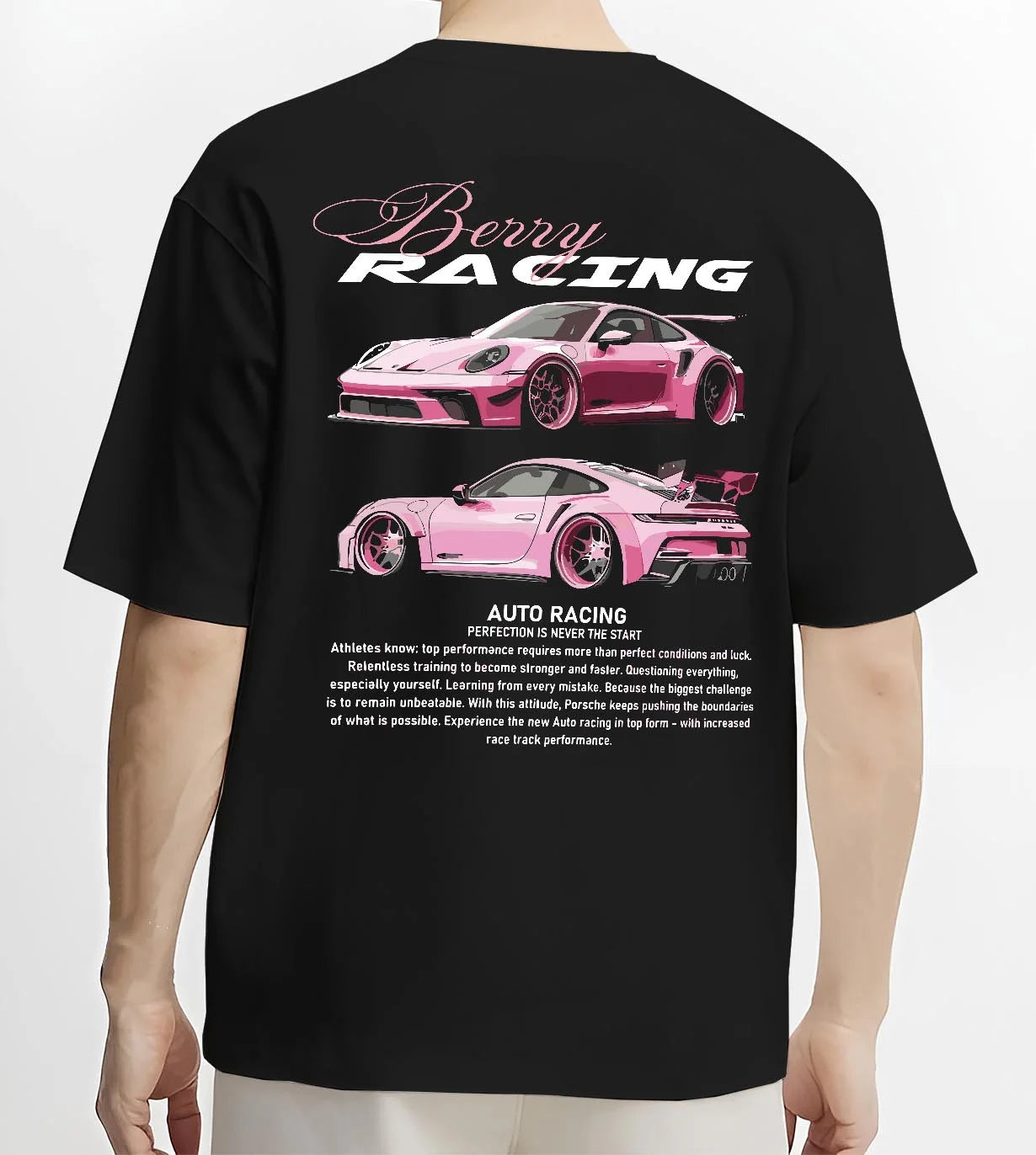 Black T-shirt worn by a male model, back view, featuring Porsche gt3 rs turbo turbocharged racing german tuner street graphic.