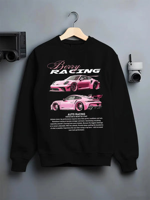 Black crewneck sweatshirt on a hanger against a grey wall, featuring Porsche gt3 rs turbo turbocharged racing german tuner graphic.