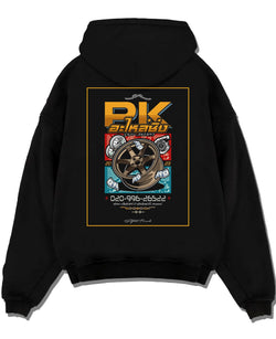Black pullover hoodie laid flat on a white background, featuring street racing performance motorsport automotive enthusiast pkauto.