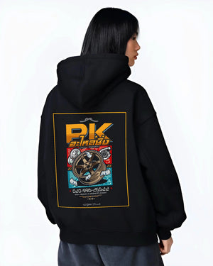 Black hoodie worn by a female model, back view, featuring street racing performance motorsport automotive enthusiast power pkauto.