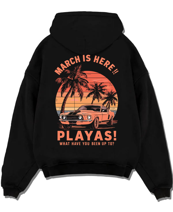 Black pullover hoodie laid flat on a white background, featuring STI street racing performance motorsport automotive playas.