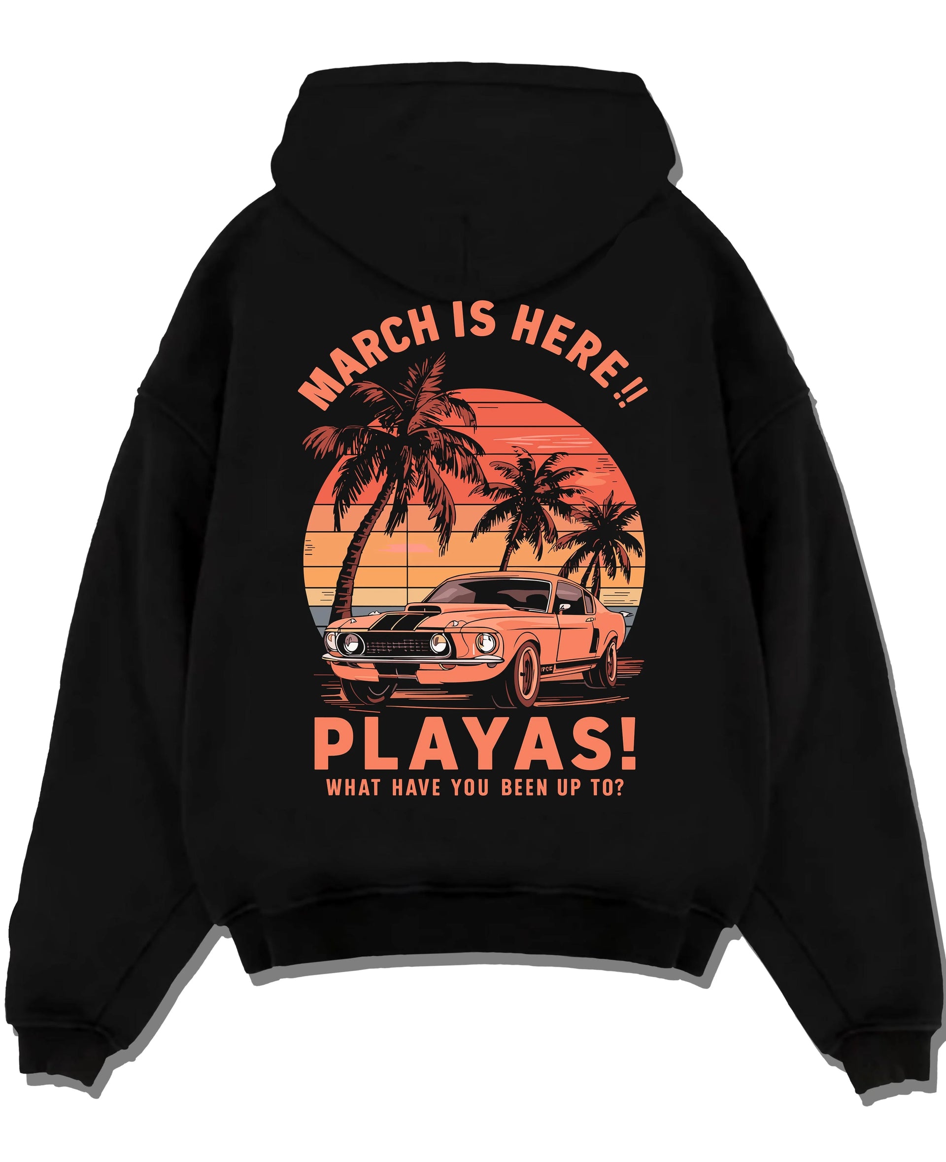 Black pullover hoodie laid flat on a white background, featuring STI street racing performance motorsport automotive playas.