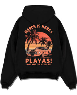 Black pullover hoodie laid flat on a white background, featuring STI street racing performance motorsport automotive playas.