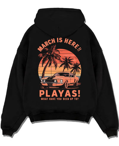 Black pullover hoodie laid flat on a white background, featuring STI street racing performance motorsport automotive playas.