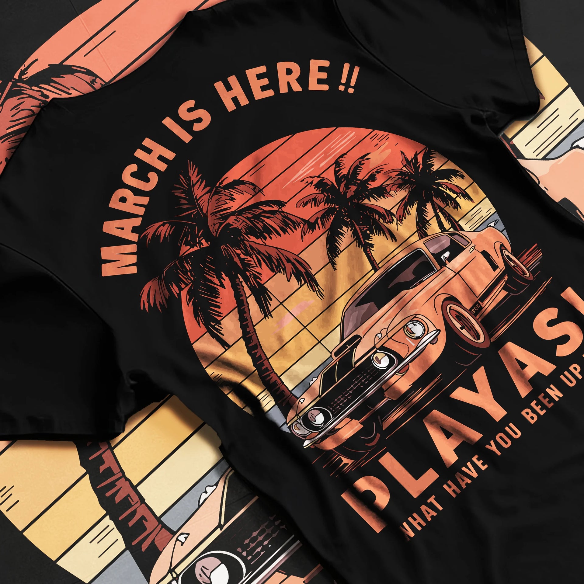 Black T-shirt laid flat with natural fabric folds, featuring STI street racing performance motorsport automotive enthusiast playas.