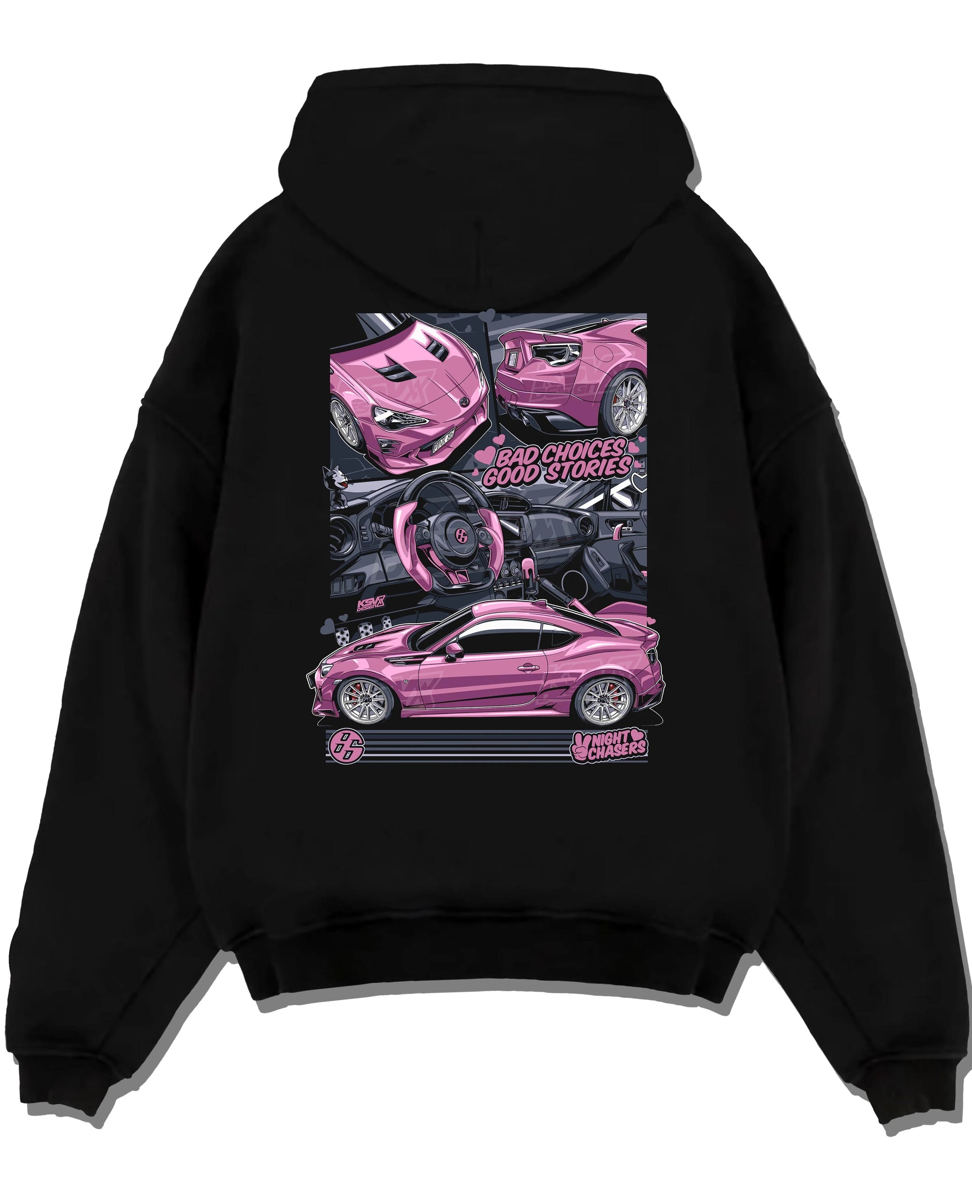 Black pullover hoodie laid flat on a white background, featuring Toyota 86 drift jdm stance street racing performance graphic.