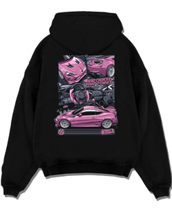 Black pullover hoodie laid flat on a white background, featuring Toyota 86 drift jdm stance street racing performance graphic.