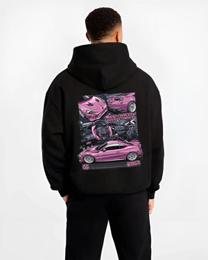 Black hoodie worn by a male model, back view, featuring Toyota 86 drift jdm stance street racing performance graphic.
