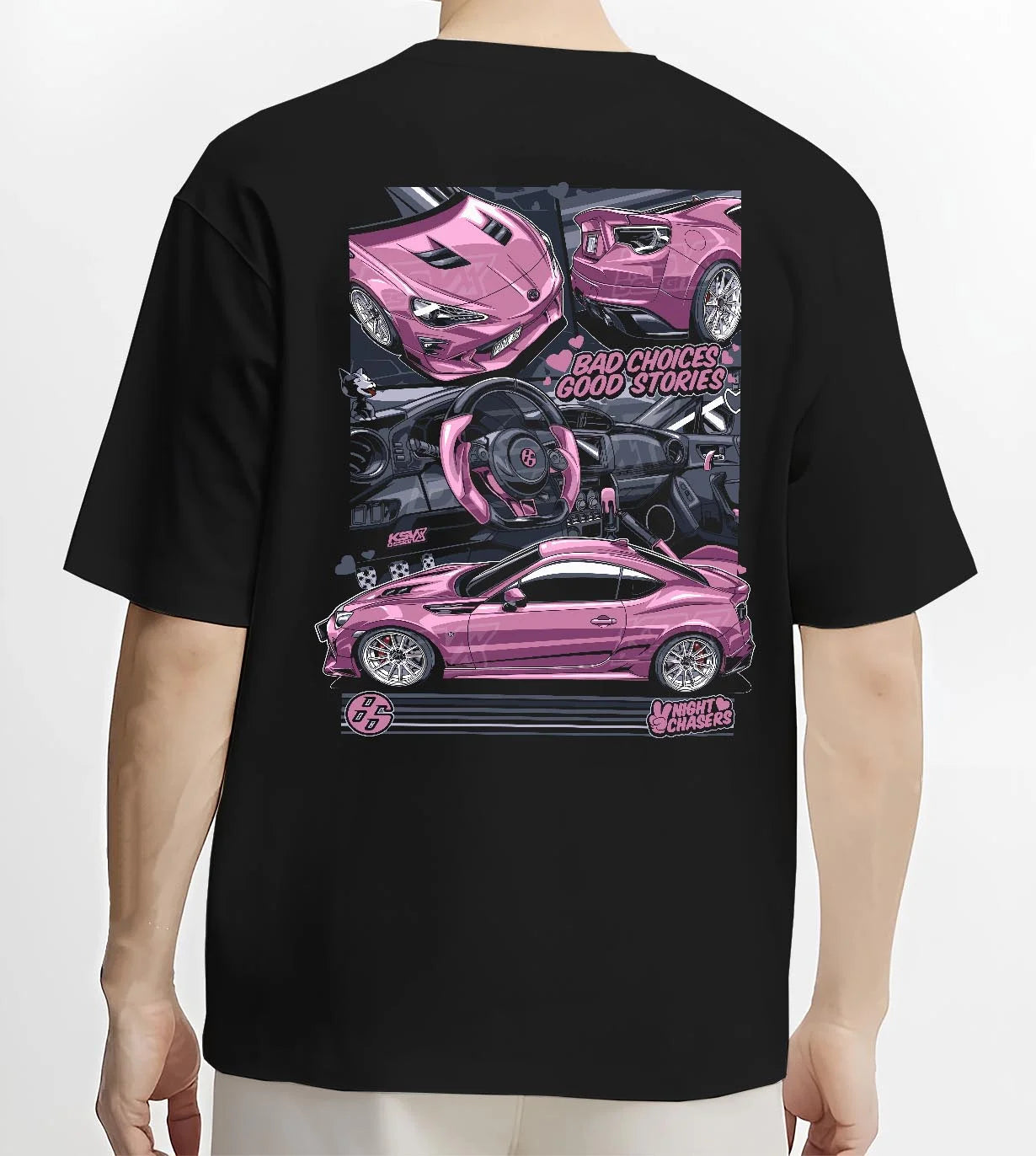 Black T-shirt worn by a male model, back view, featuring Toyota 86 drift jdm stance street racing performance graphic.