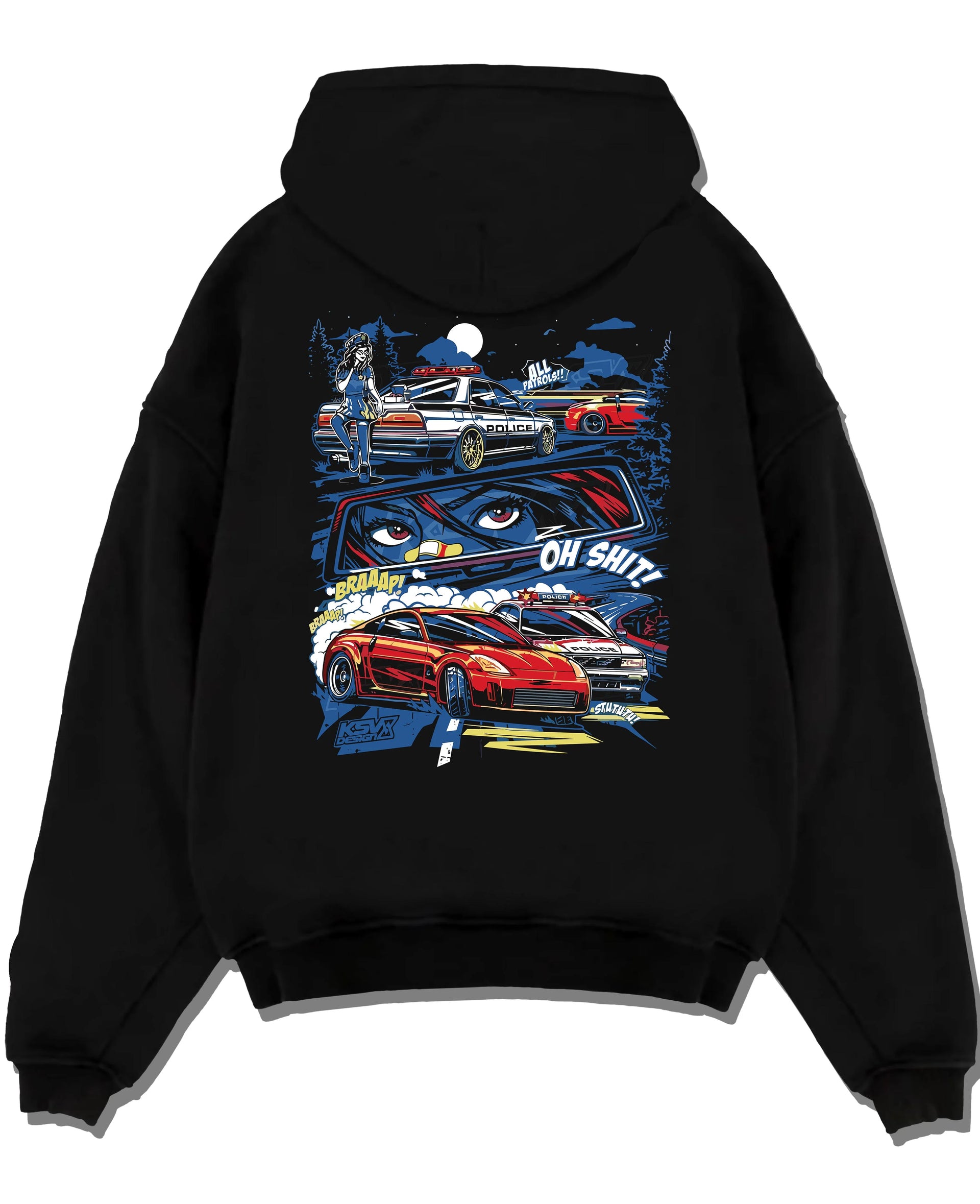 Black pullover hoodie laid flat on a white background, featuring STI street racing performance motorsport automotive police.