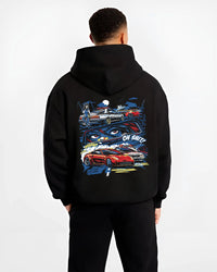 Black hoodie worn by a male model, back view, featuring STI street racing performance motorsport automotive enthusiast police.