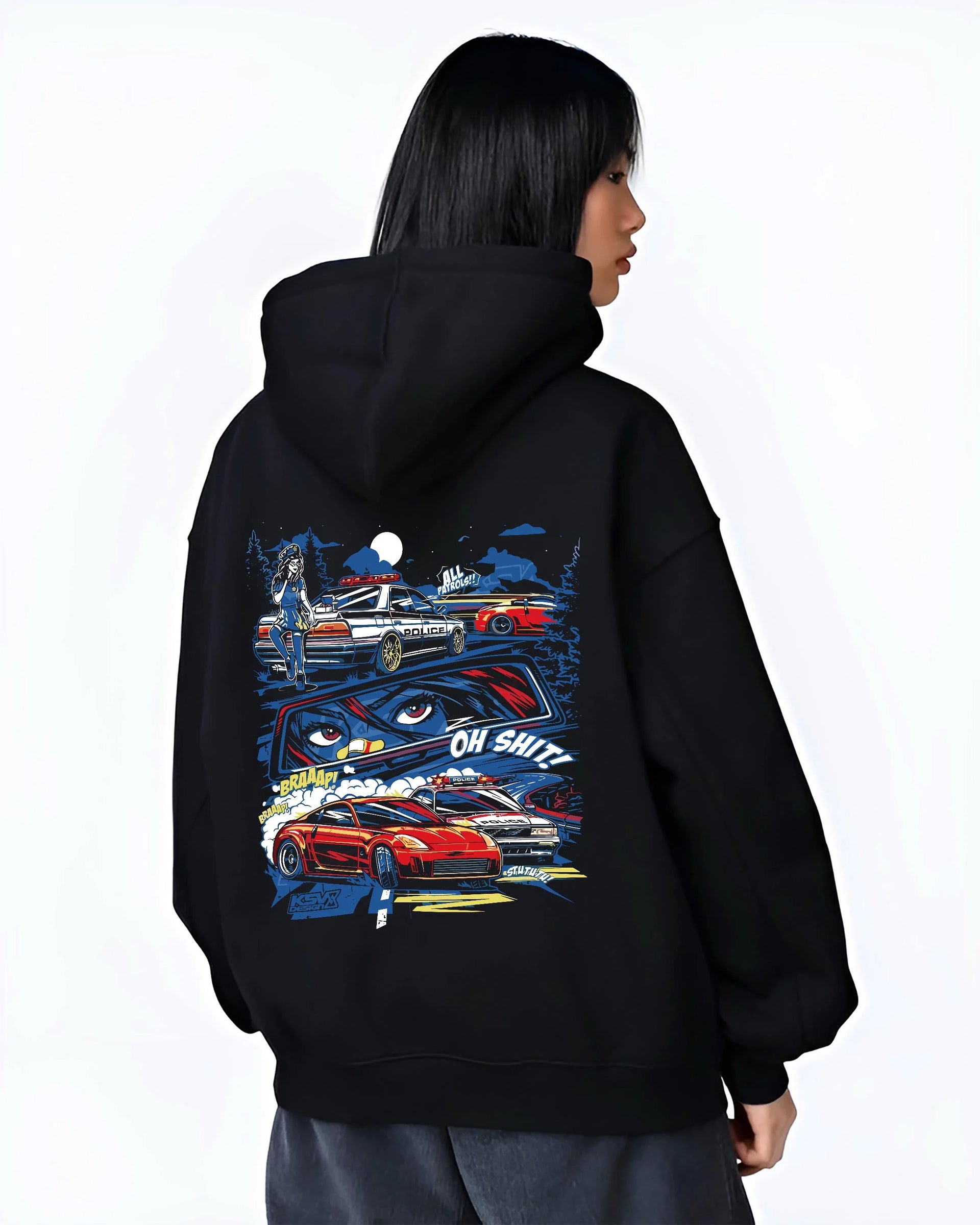 Black hoodie worn by a female model, back view, featuring STI street racing performance motorsport automotive enthusiast police.