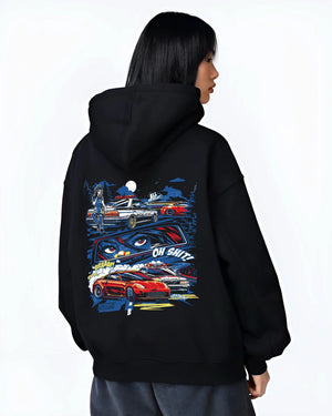Black hoodie worn by a female model, back view, featuring STI street racing performance motorsport automotive enthusiast police.