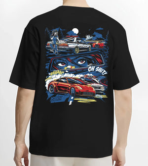 Black T-shirt worn by a male model, back view, featuring STI street racing performance motorsport automotive enthusiast police.