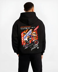 Black hoodie worn by a male model, back view, featuring street retro racing performance motorsport automotive enthusiast popeye.